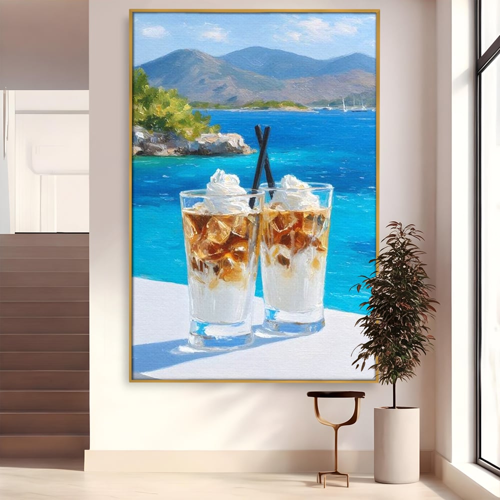 Tablou canvas cu pictura cu doua pahare de frappe pe malul marii, in rama de aluminiu auriu