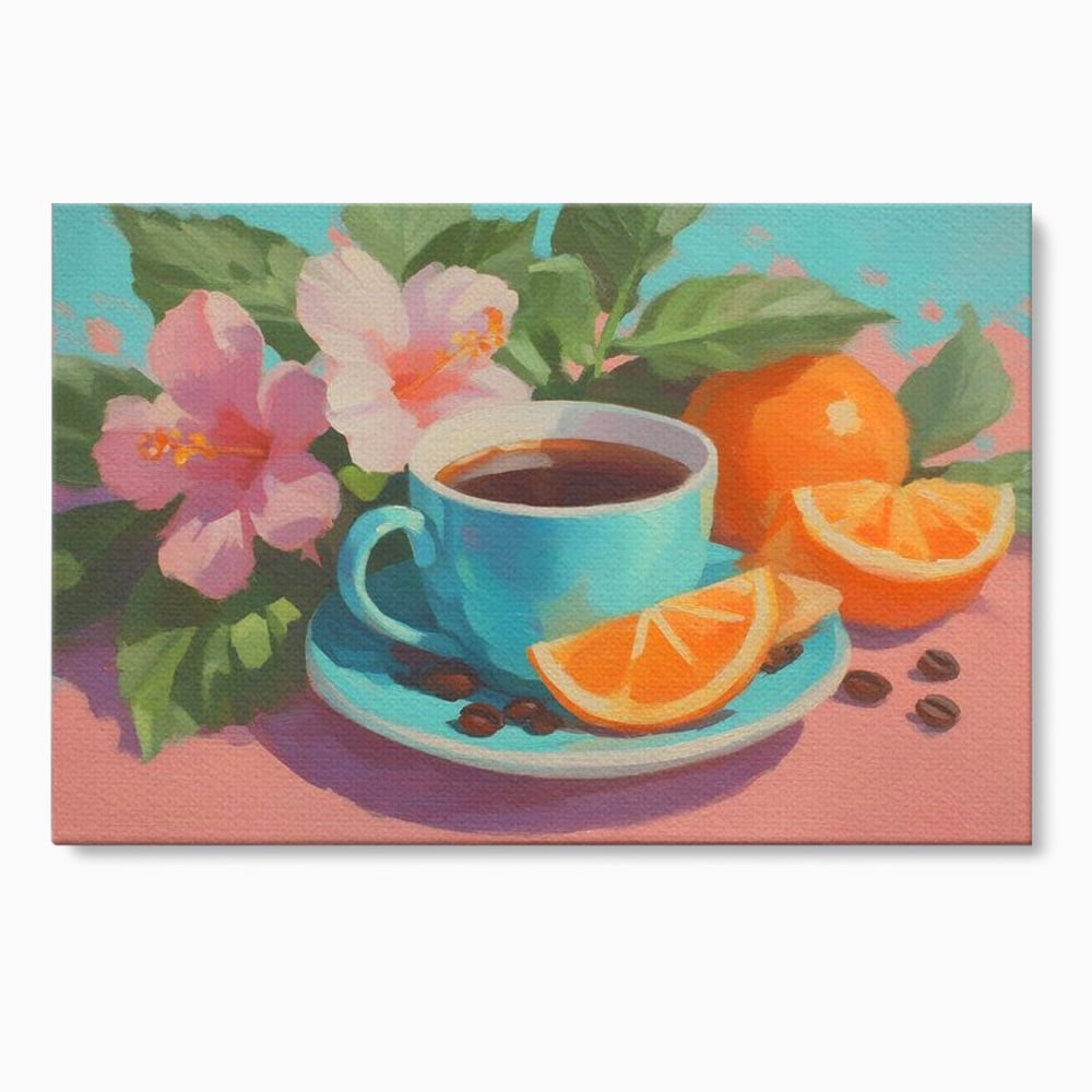 Tablou canvas cu pictura cu ceasca de cafea si portocale, fara rama, pe sasiu de lemn