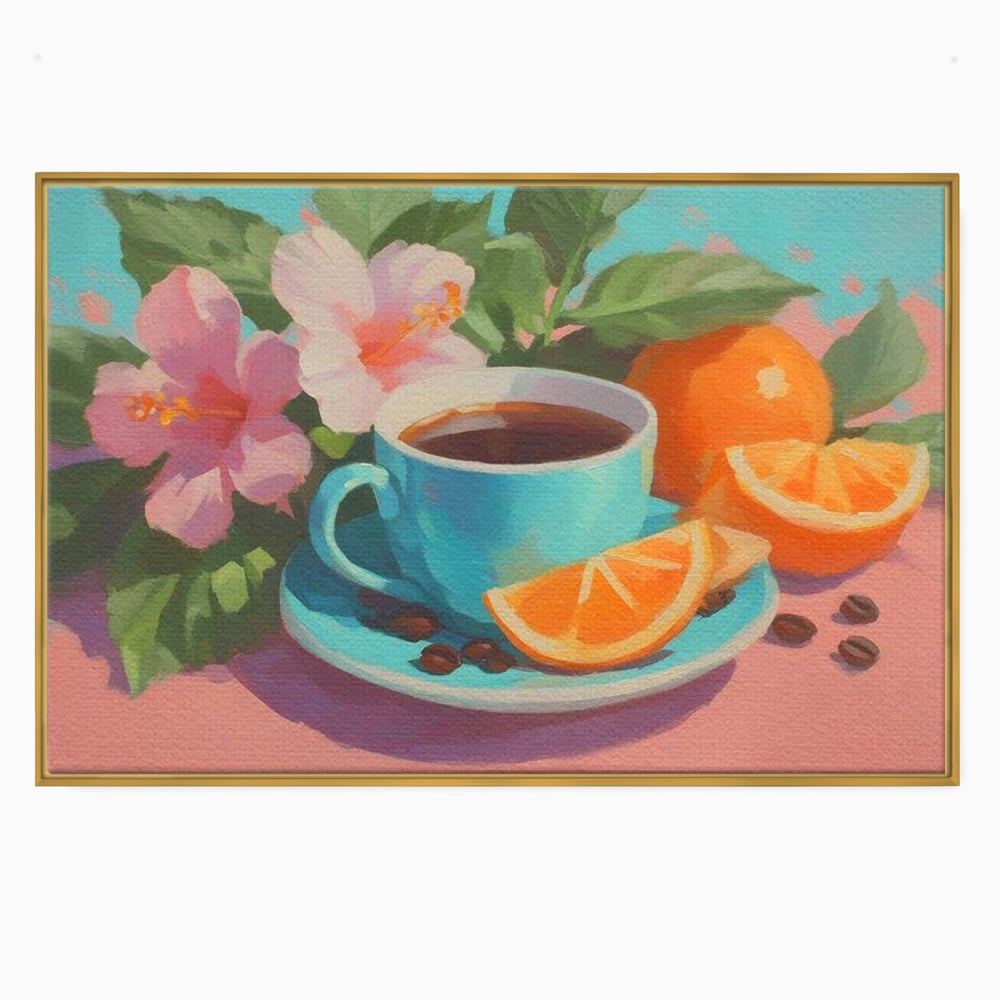 Tablou canvas cu pictura cu ceasca de cafea si portocale, in rama de aluminiu auriu