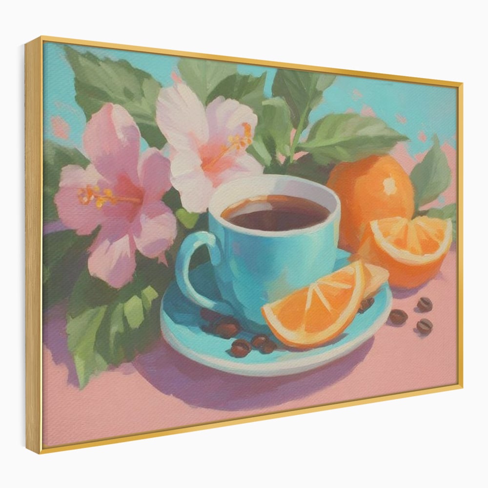 Tablou canvas cu pictura cu ceasca de cafea si portocale, in rama de aluminiu auriu