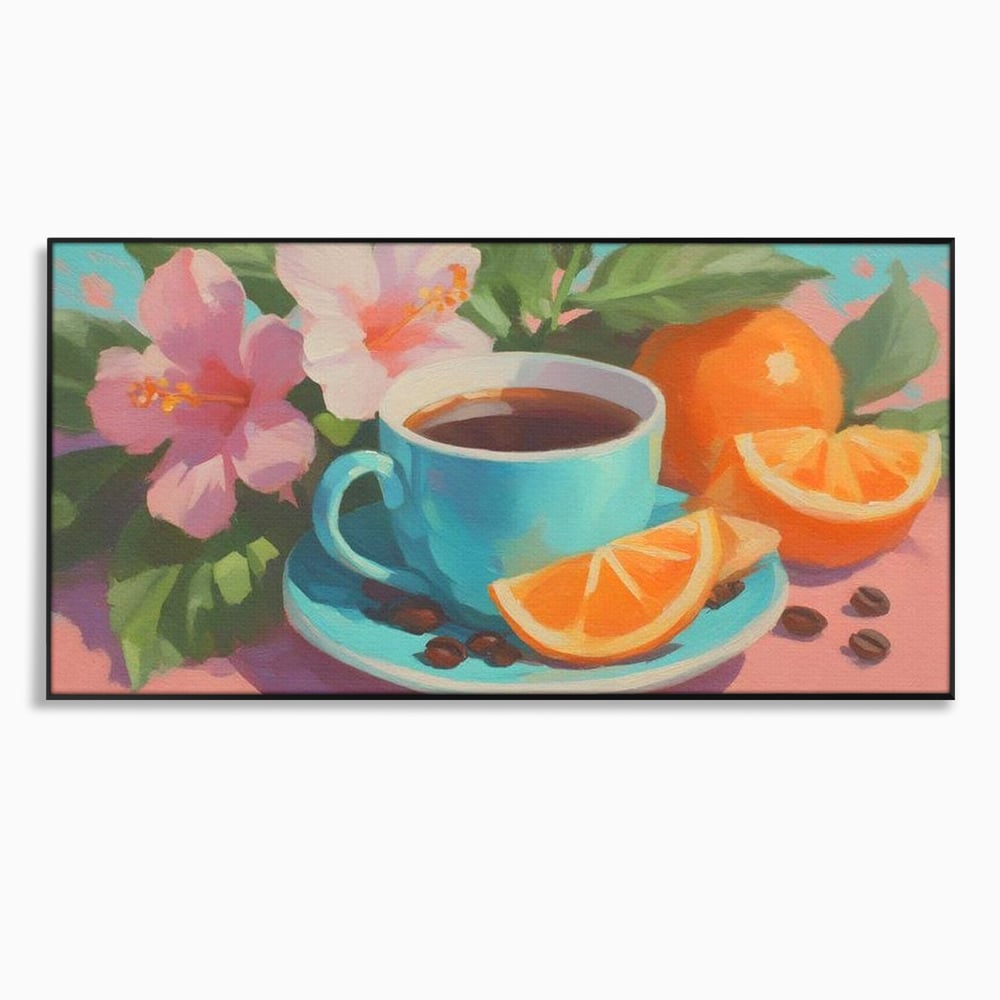 Tablou canvas cu pictura cu ceasca de cafea si portocale, in rama de aluminiu negru