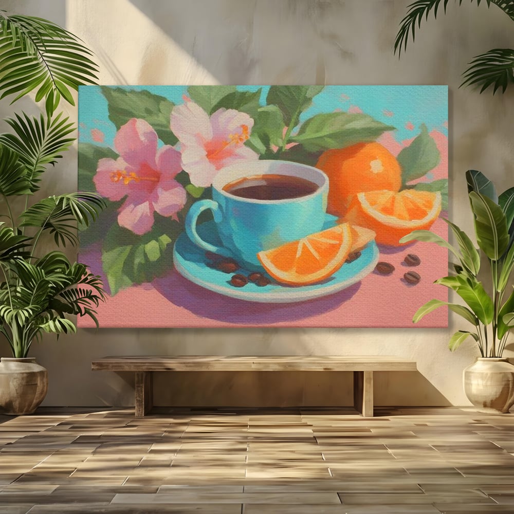 Tablou canvas cu pictura cu ceasca de cafea si portocale, fara rama, pe sasiu de lemn