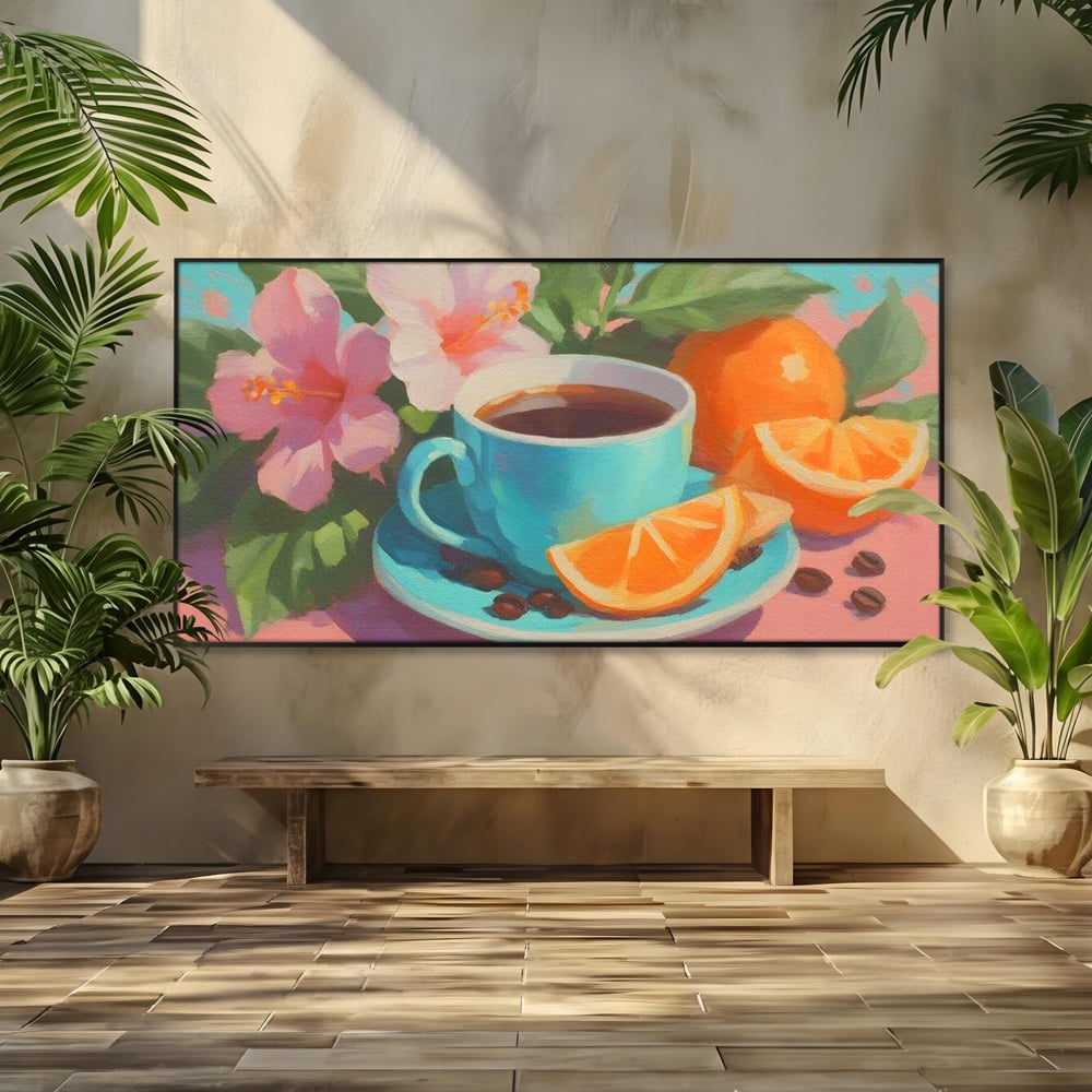 Tablou canvas cu pictura cu ceasca de cafea si portocale, in rama de aluminiu negru