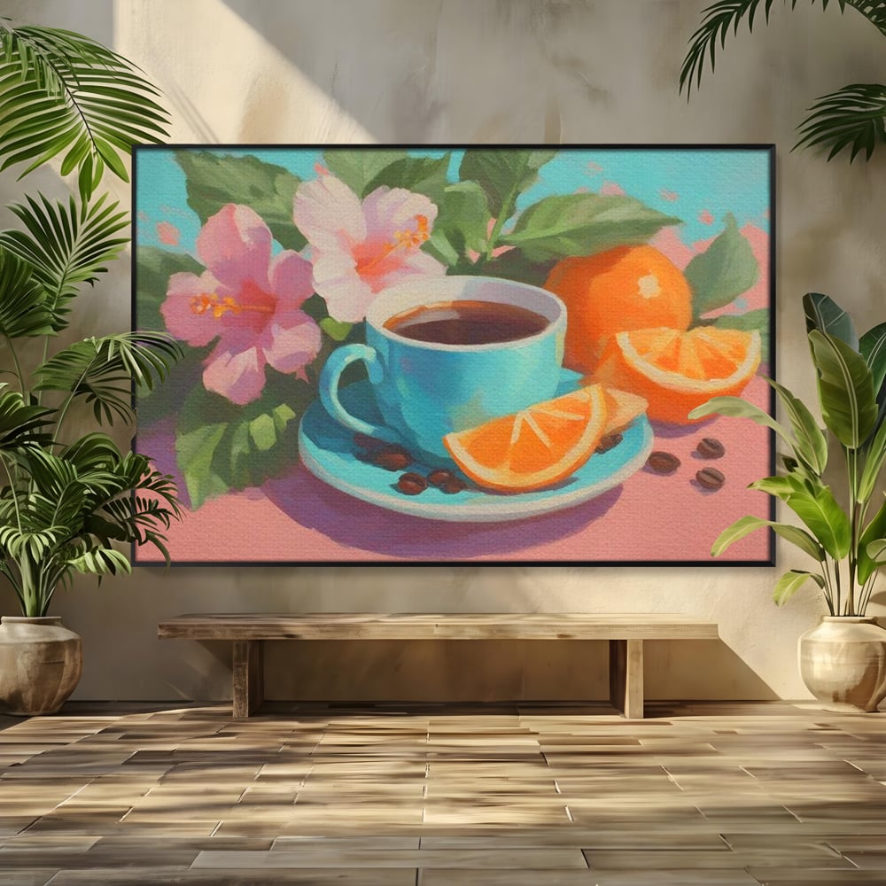 Tablou canvas cu pictura cu ceasca de cafea si portocale, in rama de aluminiu negru