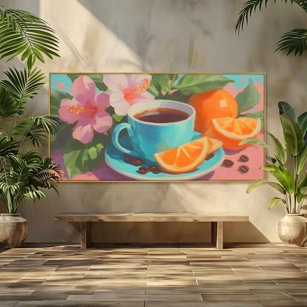 Tablou canvas cu pictura cu ceasca de cafea si portocale, in rama de aluminiu auriu