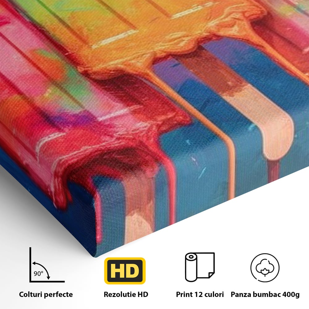 Detaliu al suprafetei: pictura digitala cu trei inghetate pe bat colorate, fara rama, pe sasiu de lemn