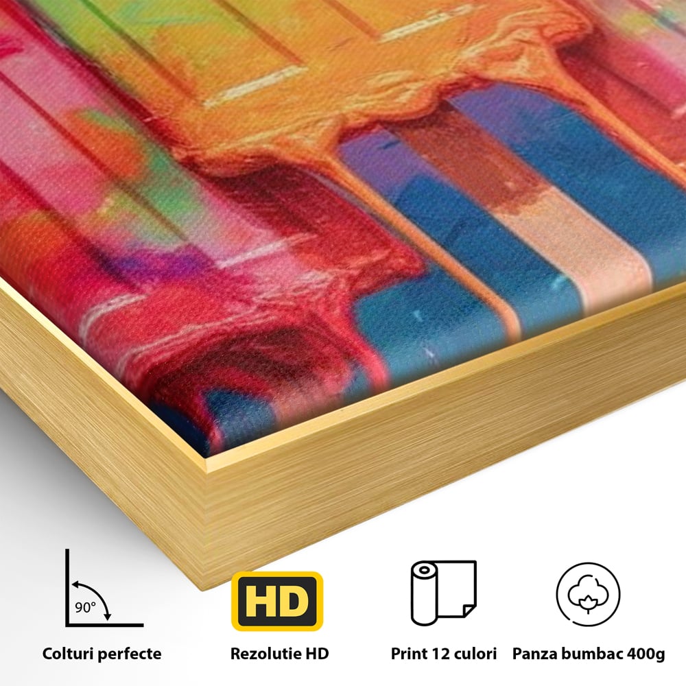Detaliu al suprafetei: pictura digitala cu trei inghetate pe bat colorate, in rama de aluminiu auriu