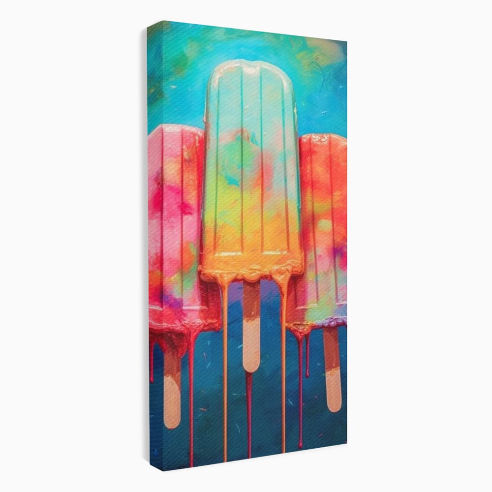 Tablou canvas cu pictura digitala cu trei inghetate pe bat colorate, fara rama, pe sasiu de lemn