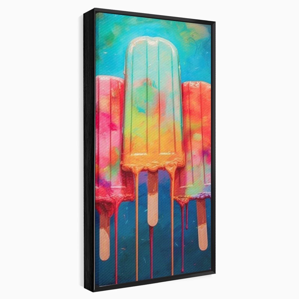 Tablou canvas cu pictura digitala cu trei inghetate pe bat colorate, in rama de aluminiu negru