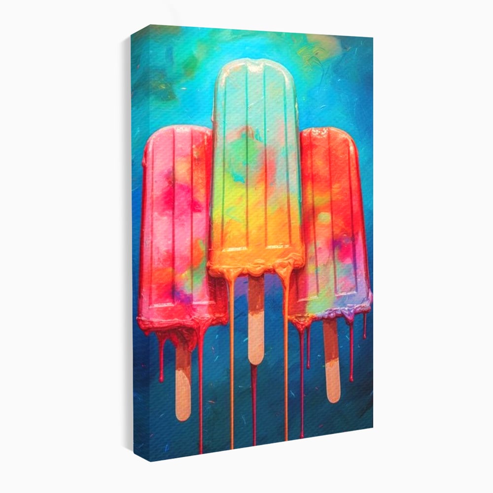 Tablou canvas cu pictura digitala cu trei inghetate pe bat colorate, fara rama, pe sasiu de lemn