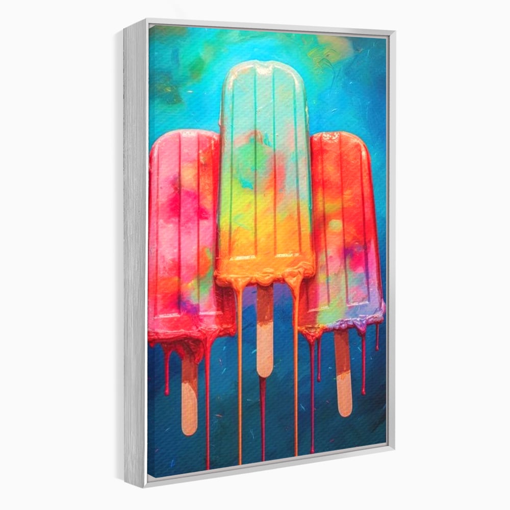 Tablou canvas cu pictura digitala cu trei inghetate pe bat colorate, in rama de aluminiu argintiu