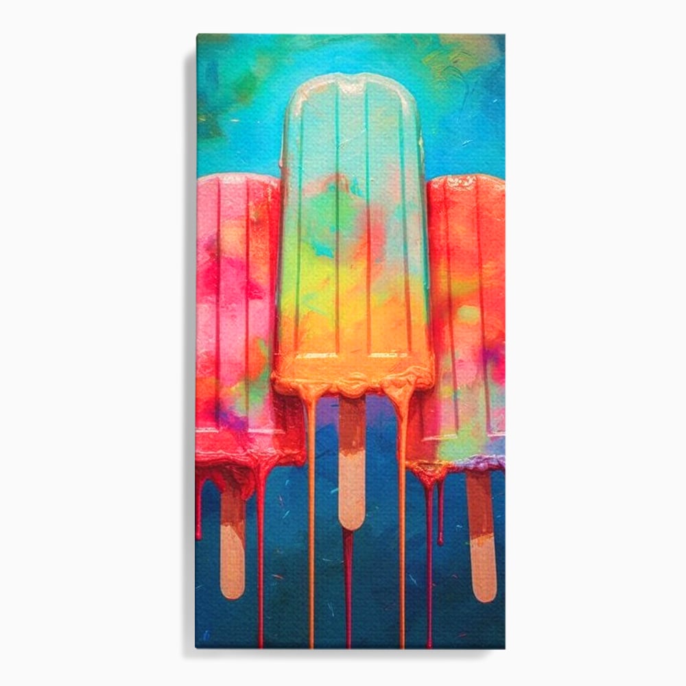 Tablou canvas cu pictura digitala cu trei inghetate pe bat colorate, fara rama, pe sasiu de lemn