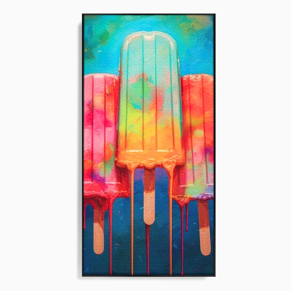 Tablou canvas cu pictura digitala cu trei inghetate pe bat colorate, in rama de aluminiu negru