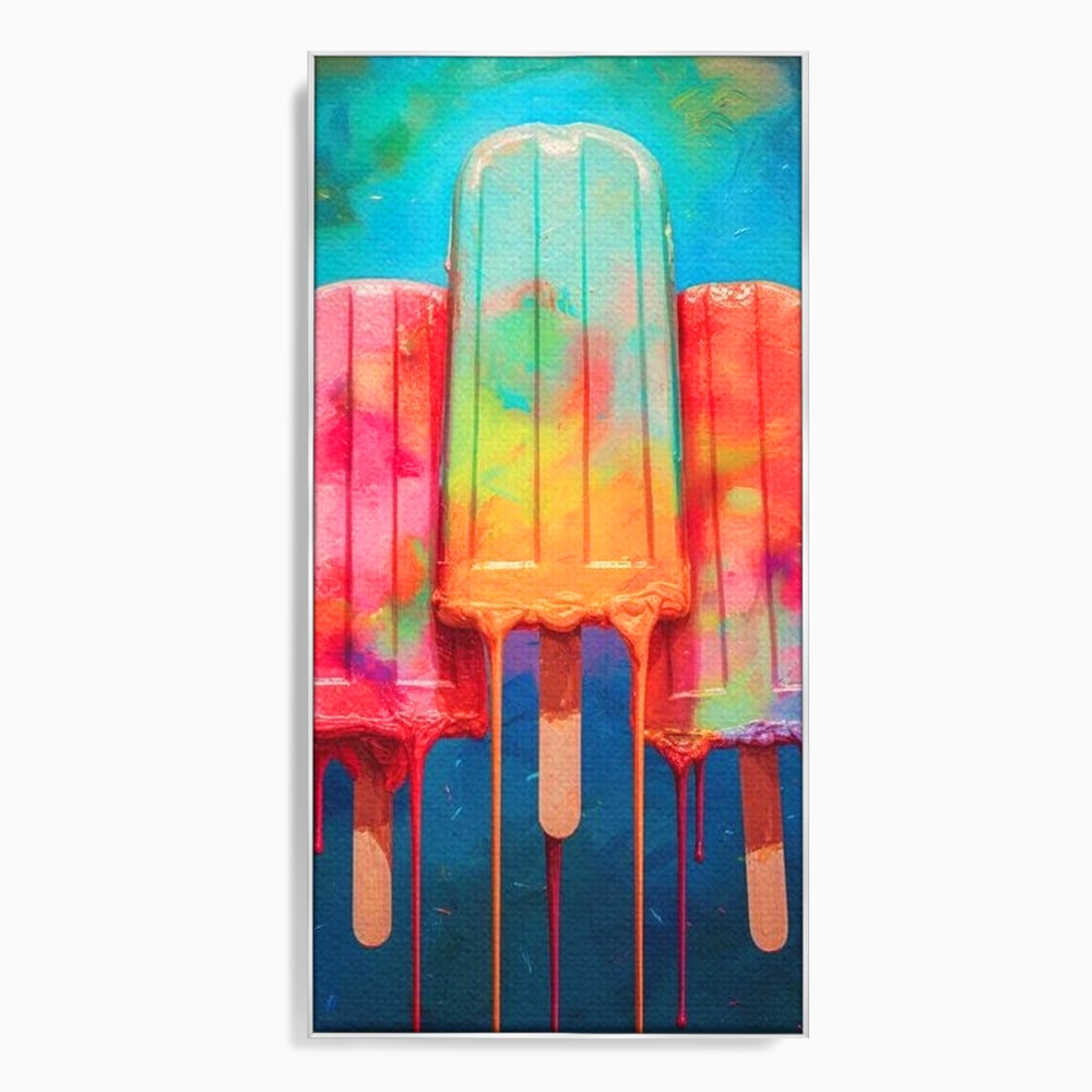 Tablou canvas cu pictura digitala cu trei inghetate pe bat colorate, in rama de aluminiu argintiu