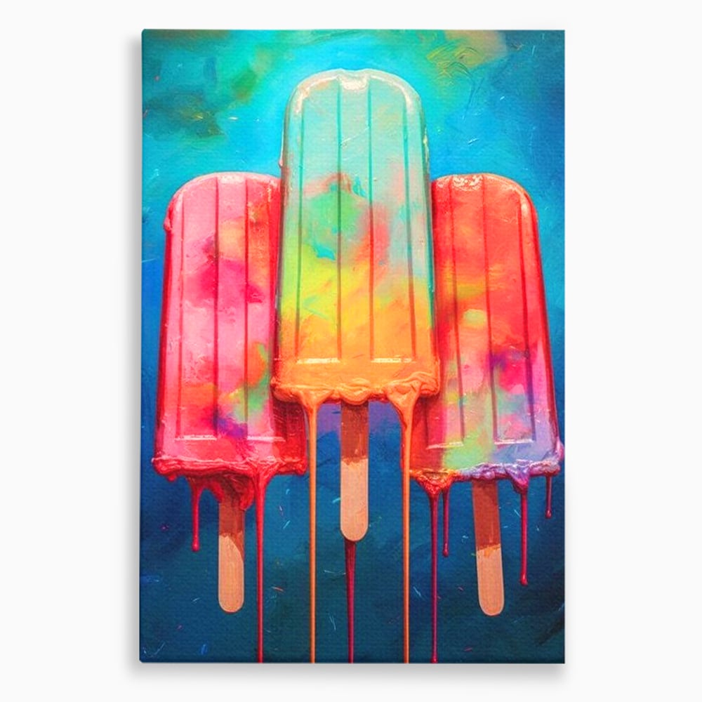 Tablou canvas cu pictura digitala cu trei inghetate pe bat colorate, fara rama, pe sasiu de lemn