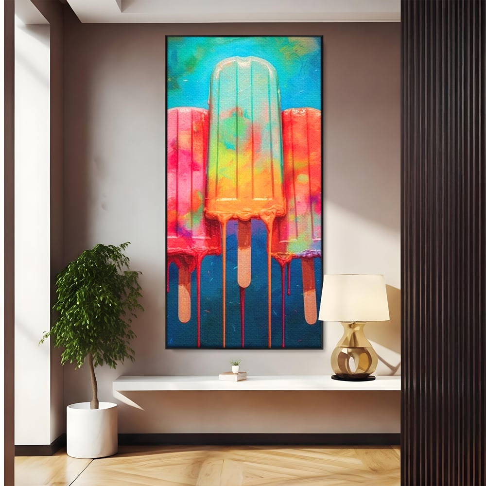 Tablou canvas cu pictura digitala cu trei inghetate pe bat colorate, in rama de aluminiu negru