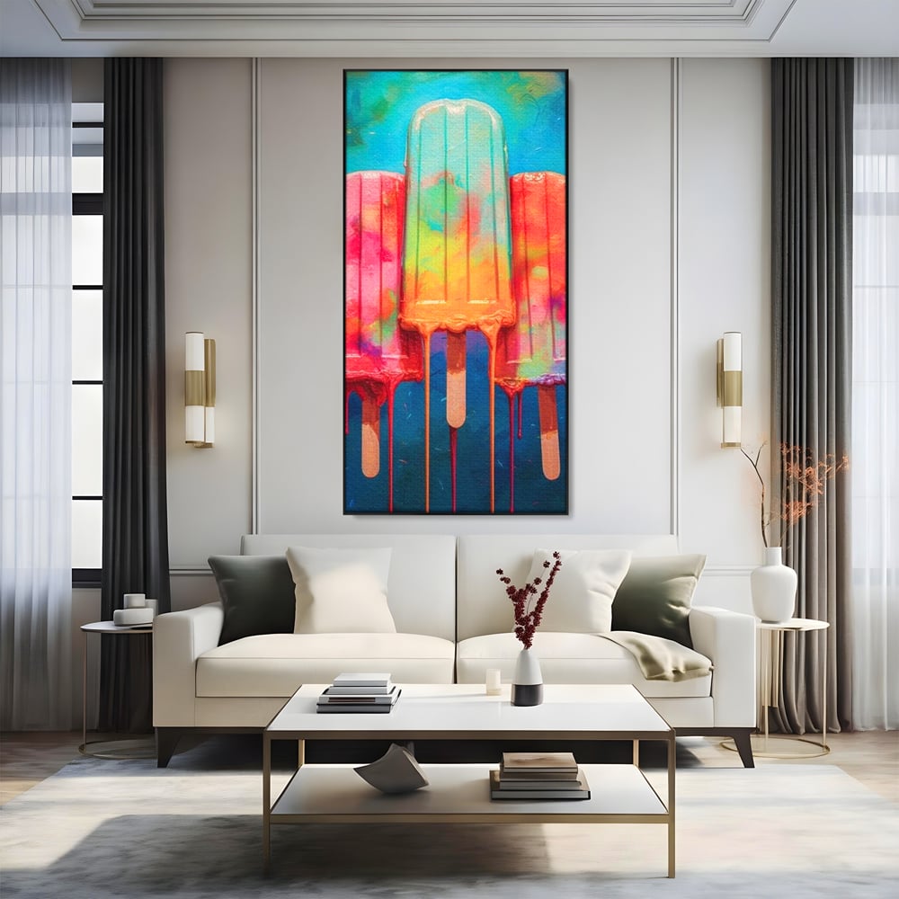 Tablou canvas cu pictura digitala cu trei inghetate pe bat colorate, in rama de aluminiu negru, pe perete intr-un living