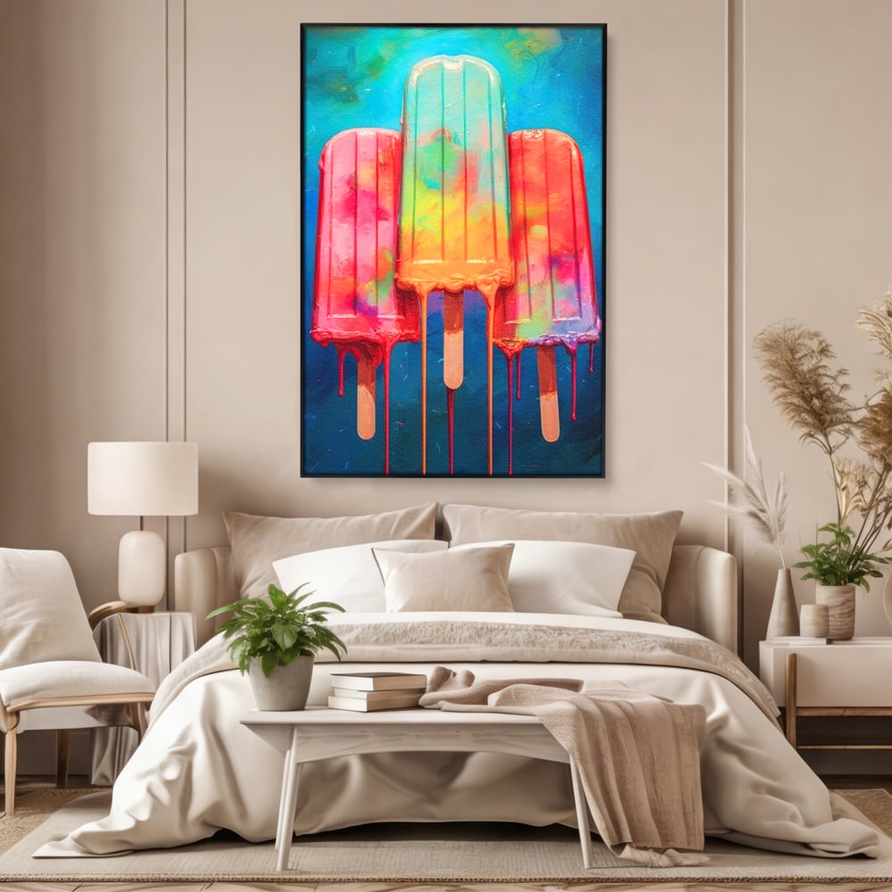 Tablou canvas cu pictura digitala cu trei inghetate pe bat colorate, in rama de aluminiu negru, pe perete intr-un dormitor