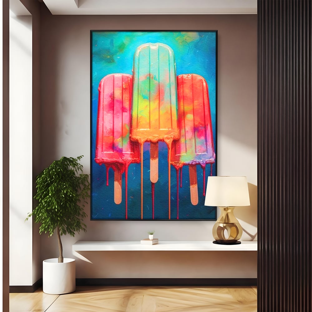 Tablou canvas cu pictura digitala cu trei inghetate pe bat colorate, in rama de aluminiu negru
