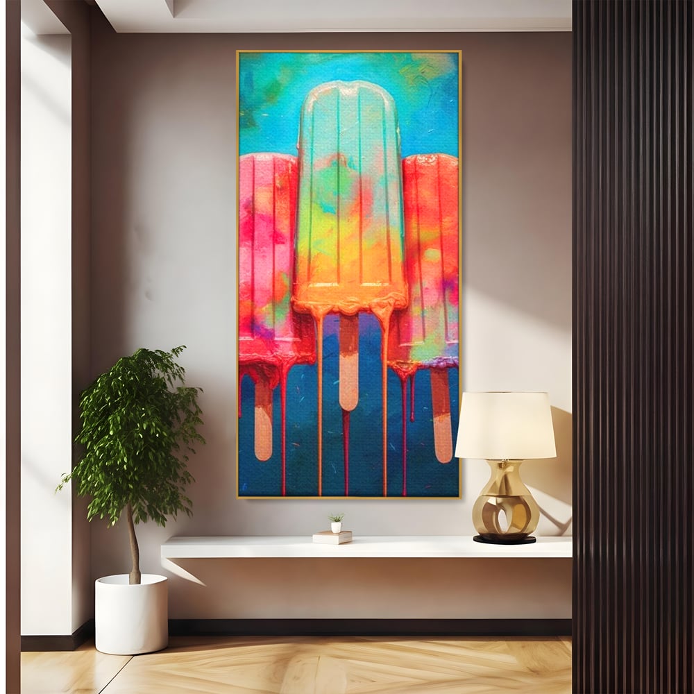 Tablou canvas cu pictura digitala cu trei inghetate pe bat colorate, in rama de aluminiu auriu