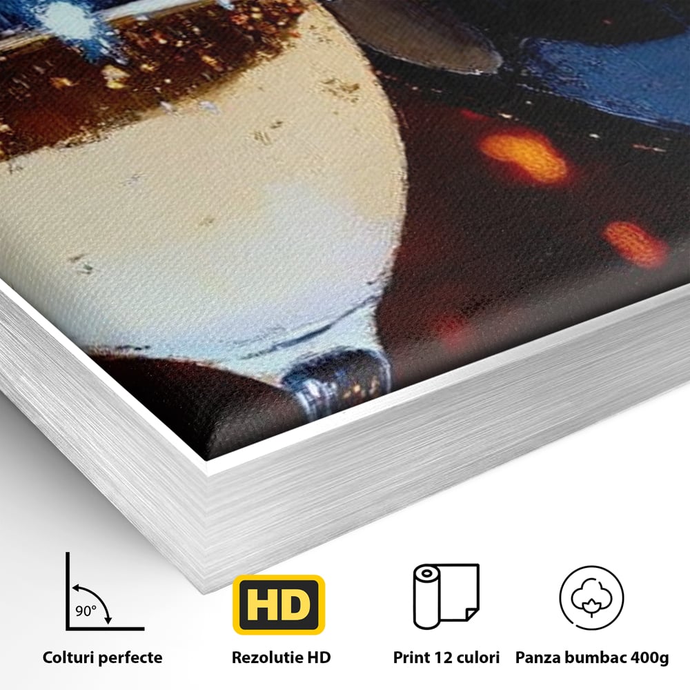 Detaliu al suprafetei: tablou canvas cu doua pahare de vin, in rama de aluminiu argintiu