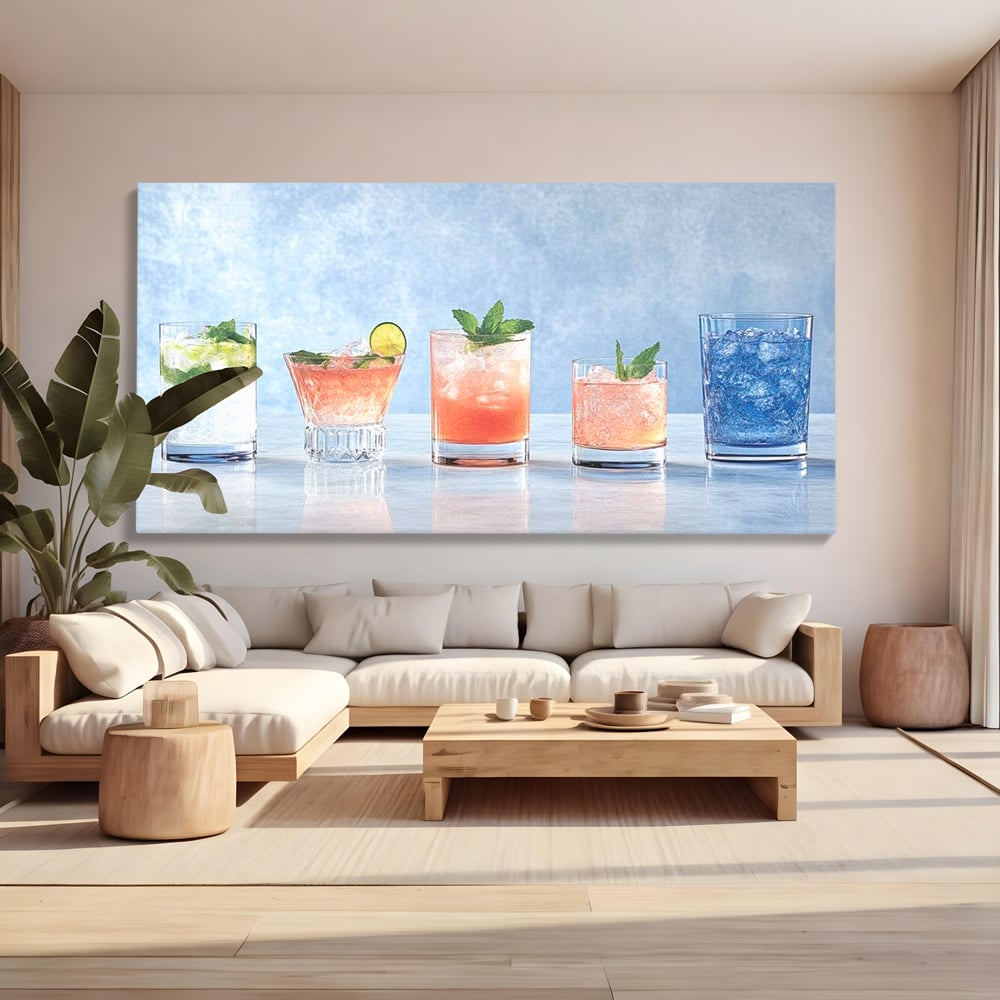 Tablou canvas cu tablou canvas cu cinci pahare de cocktail, fara rama, pe sasiu de lemn, pe perete intr-un living