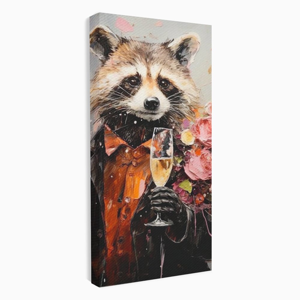 Tablou canvas cu tablou canvas cu raton elegant tinand pahar de sampanie, fara rama, pe sasiu de lemn