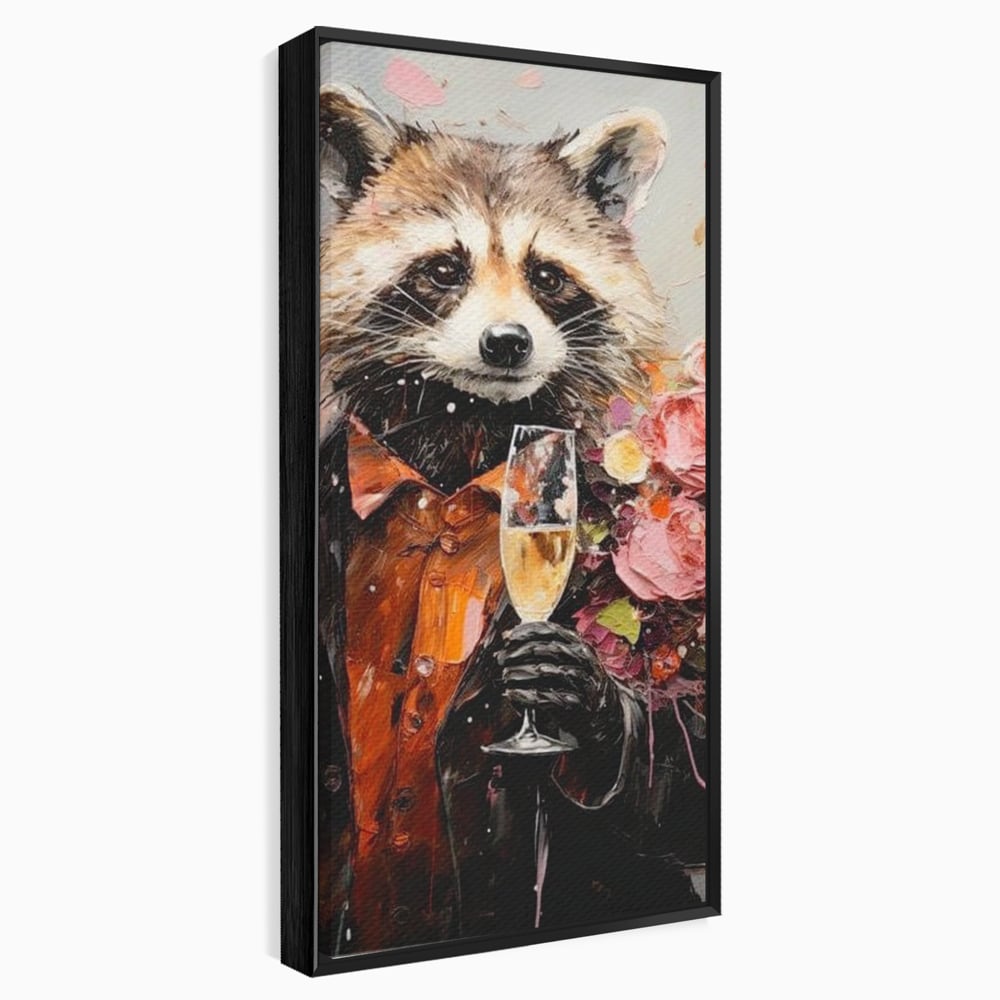 Tablou canvas cu tablou canvas cu raton elegant tinand pahar de sampanie, in rama de aluminiu negru
