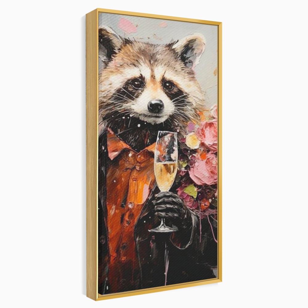 Tablou canvas cu tablou canvas cu raton elegant tinand pahar de sampanie, in rama de aluminiu auriu