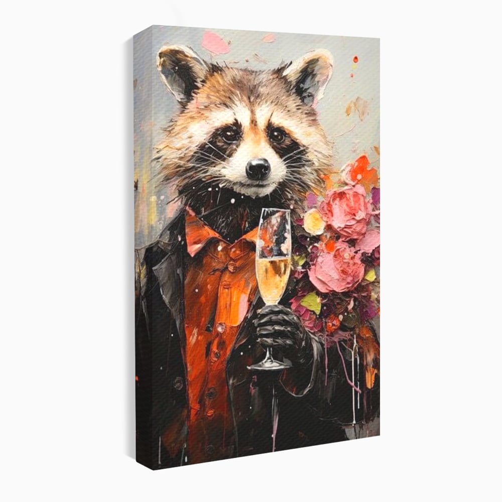 Tablou canvas cu tablou canvas cu raton elegant tinand pahar de sampanie, fara rama, pe sasiu de lemn