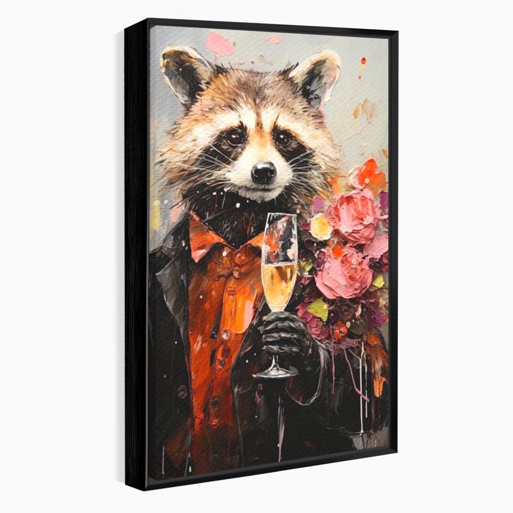 Tablou canvas cu tablou canvas cu raton elegant tinand pahar de sampanie, in rama de aluminiu negru