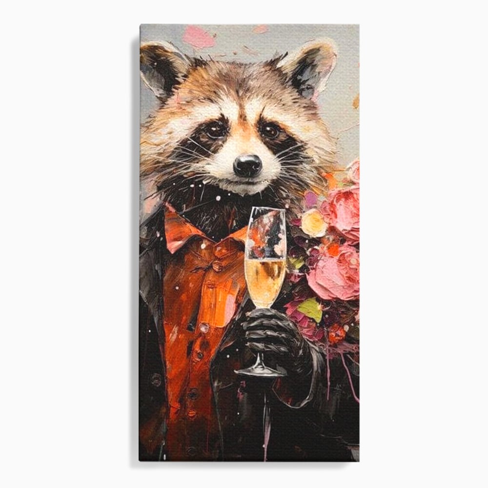 Tablou canvas cu tablou canvas cu raton elegant tinand pahar de sampanie, fara rama, pe sasiu de lemn