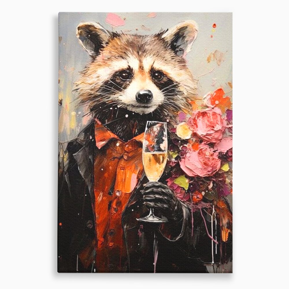 Tablou canvas cu tablou canvas cu raton elegant tinand pahar de sampanie, fara rama, pe sasiu de lemn