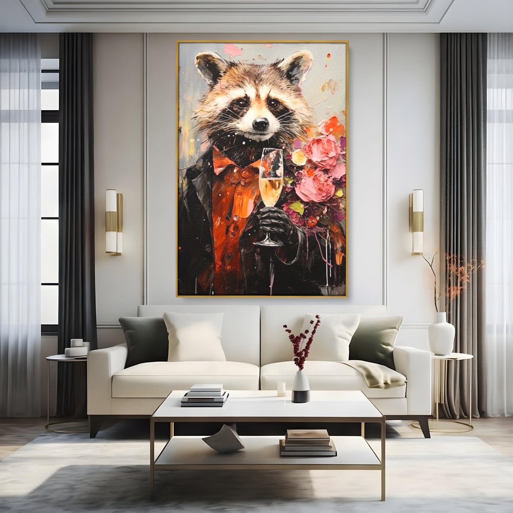 Tablou canvas cu tablou canvas cu raton elegant tinand pahar de sampanie, in rama de aluminiu auriu, pe perete intr-un living