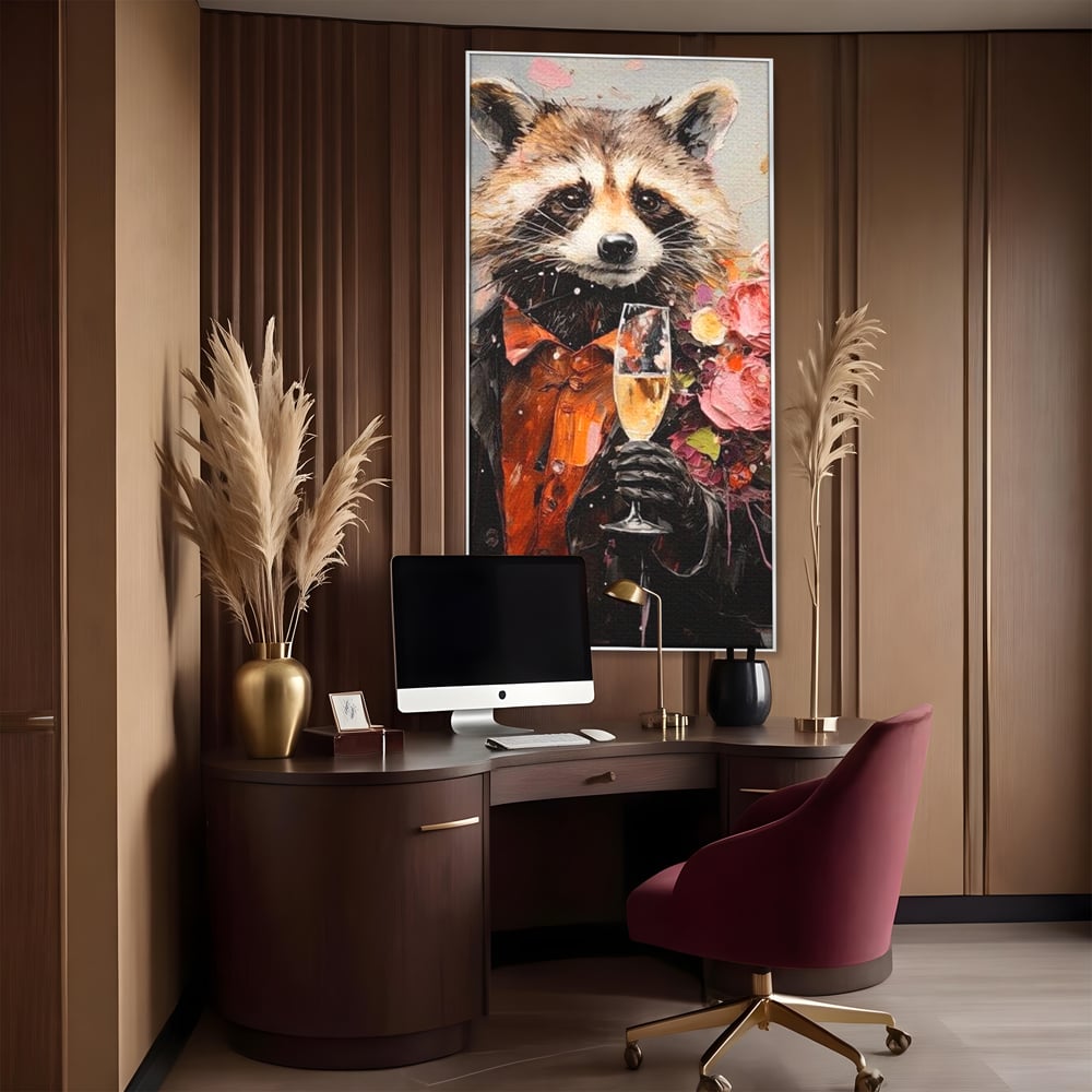 Tablou canvas cu tablou canvas cu raton elegant tinand pahar de sampanie, in rama de aluminiu argintiu, pe perete intr-un birou