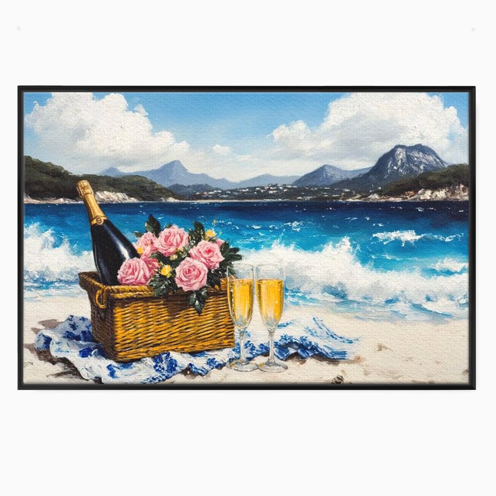 Tablou canvas cu pictura cu picnic pe plaja cu sampanie, in rama de aluminiu negru