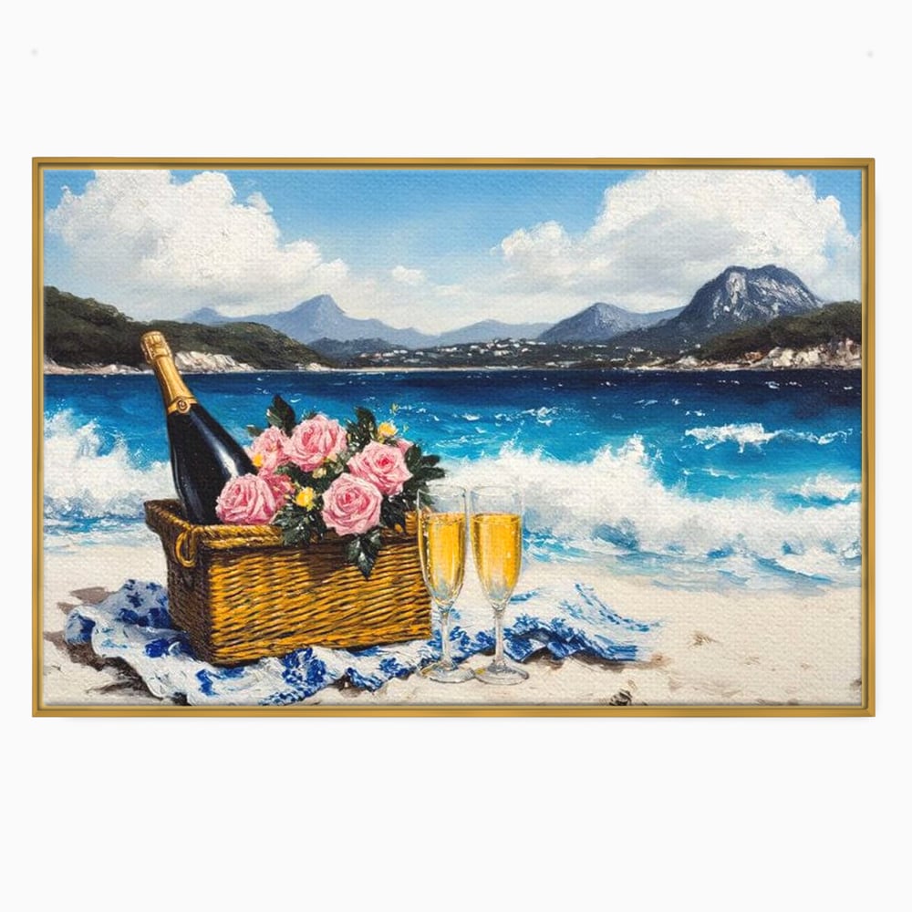 Tablou canvas cu pictura cu picnic pe plaja cu sampanie, in rama de aluminiu auriu