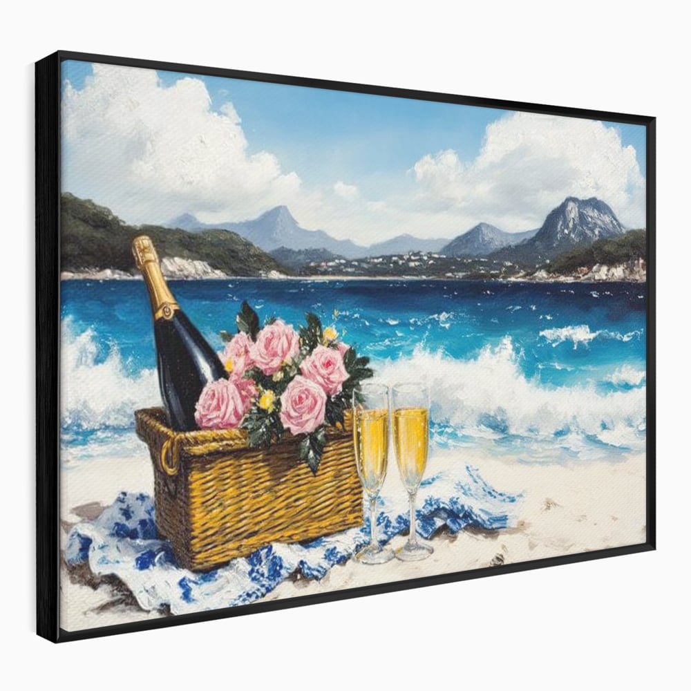 Tablou canvas cu pictura cu picnic pe plaja cu sampanie, in rama de aluminiu negru