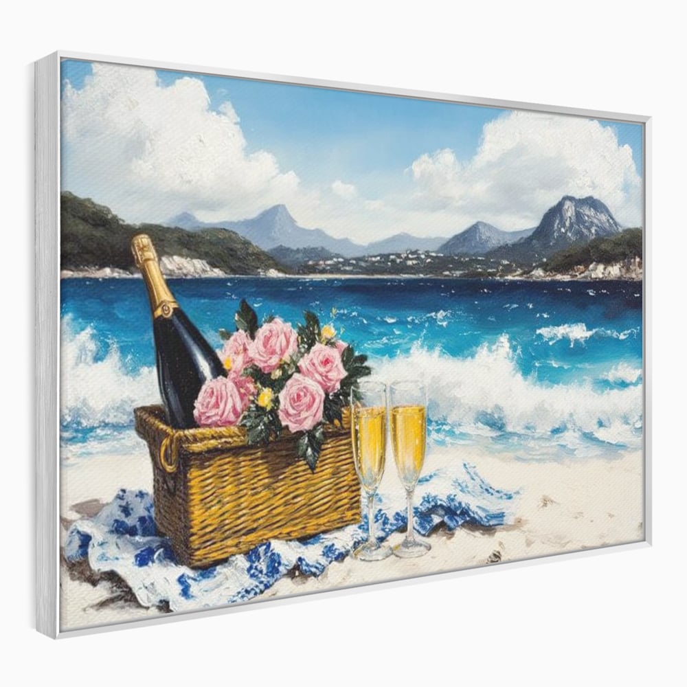Tablou canvas cu pictura cu picnic pe plaja cu sampanie, in rama de aluminiu argintiu