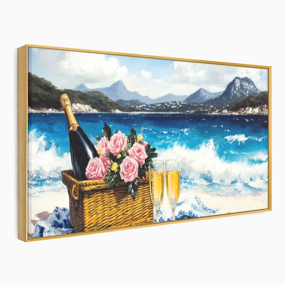 Tablou canvas cu pictura cu picnic pe plaja cu sampanie, in rama de aluminiu auriu