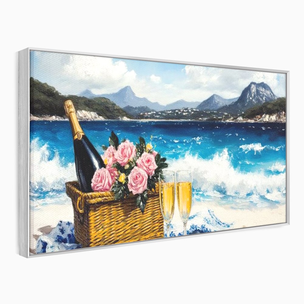 Tablou canvas cu pictura cu picnic pe plaja cu sampanie, in rama de aluminiu argintiu