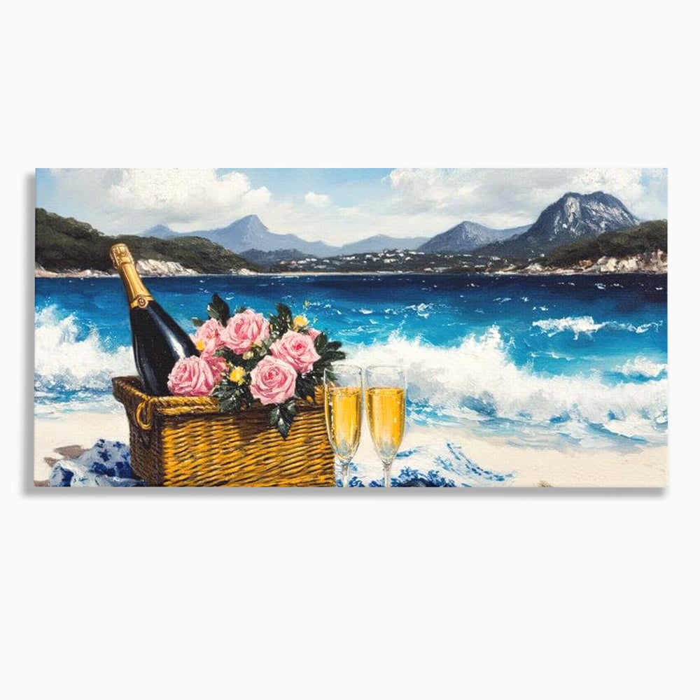Tablou canvas cu pictura cu picnic pe plaja cu sampanie, fara rama, pe sasiu de lemn