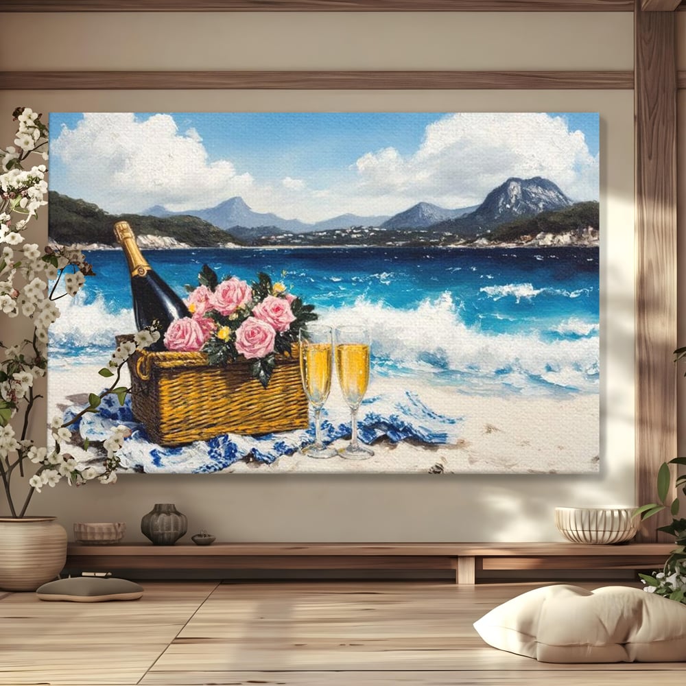 Tablou canvas cu pictura cu picnic pe plaja cu sampanie, fara rama, pe sasiu de lemn
