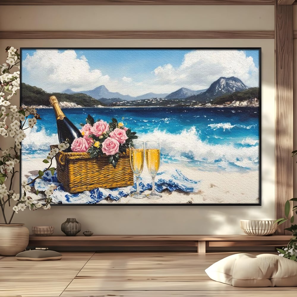 Tablou canvas cu pictura cu picnic pe plaja cu sampanie, in rama de aluminiu negru