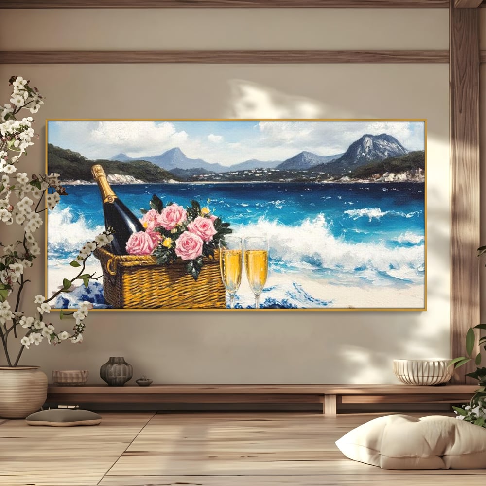 Tablou canvas cu pictura cu picnic pe plaja cu sampanie, in rama de aluminiu auriu