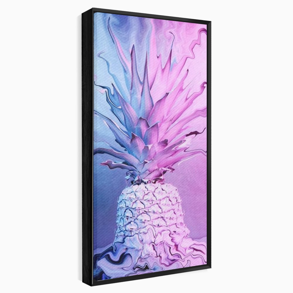 Tablou canvas cu tablou canvas cu ananas neon, in rama de aluminiu negru