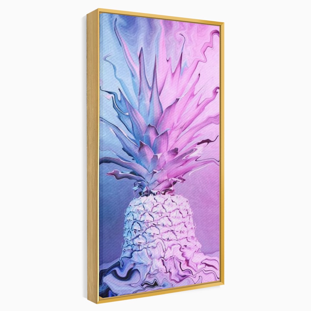 Tablou canvas cu tablou canvas cu ananas neon, in rama de aluminiu auriu