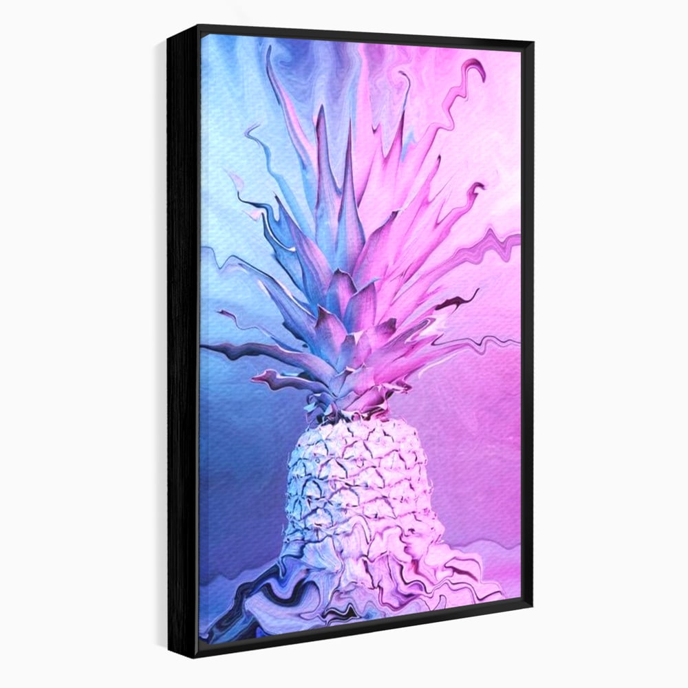 Tablou canvas cu tablou canvas cu ananas neon, in rama de aluminiu negru