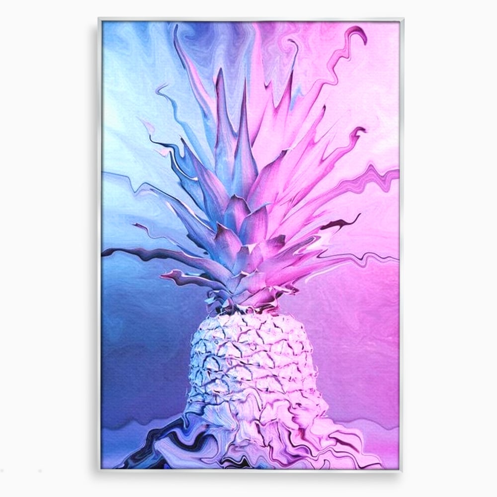 Tablou canvas cu tablou canvas cu ananas neon, in rama de aluminiu argintiu