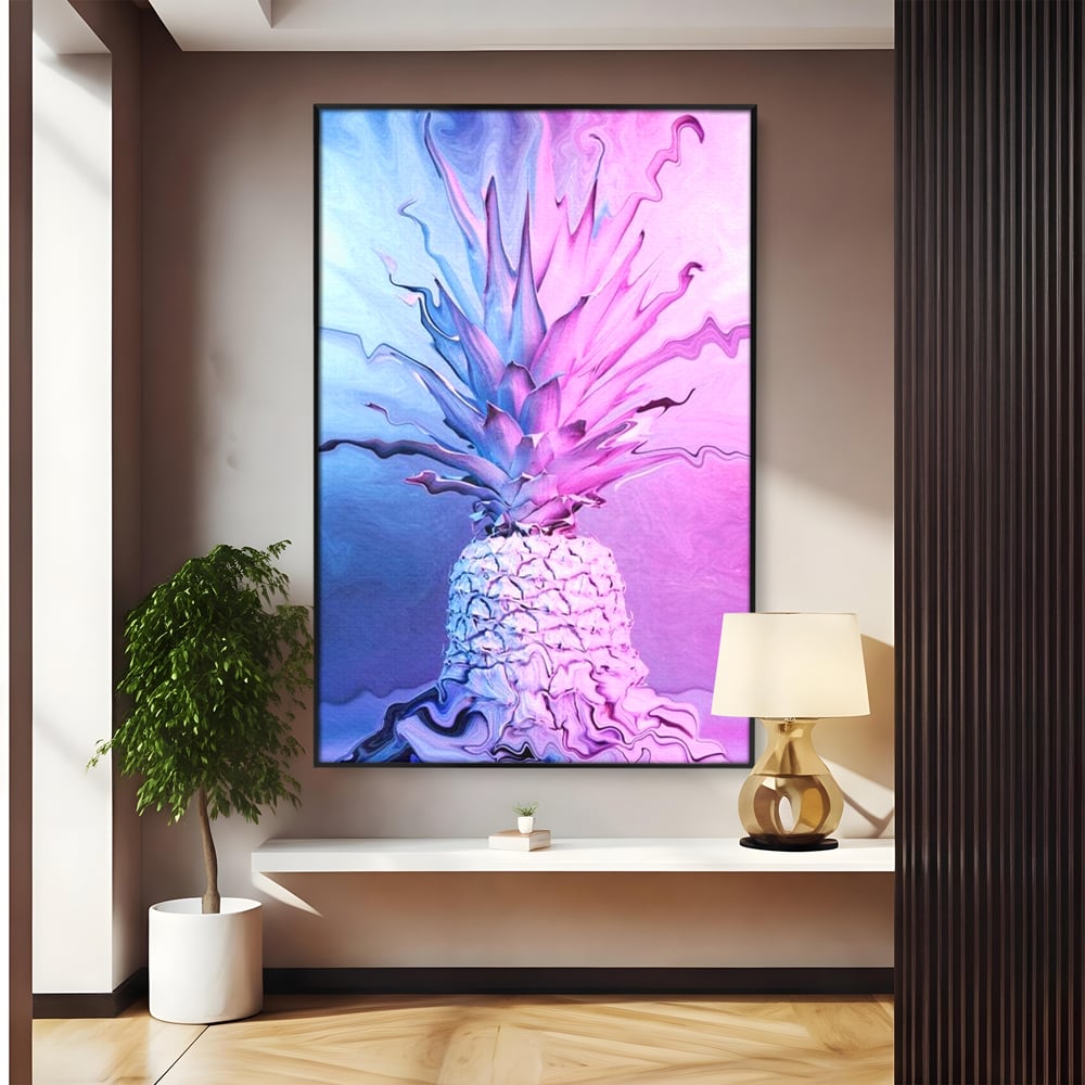 Tablou canvas cu tablou canvas cu ananas neon, in rama de aluminiu negru
